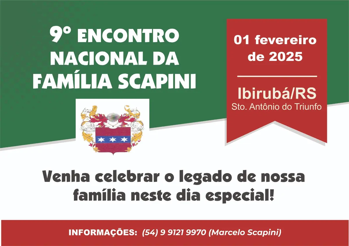 9º Encontro Nacional da Família Scappini acontecerá em Ibirubá no dia 1º de fevereiro de 2025