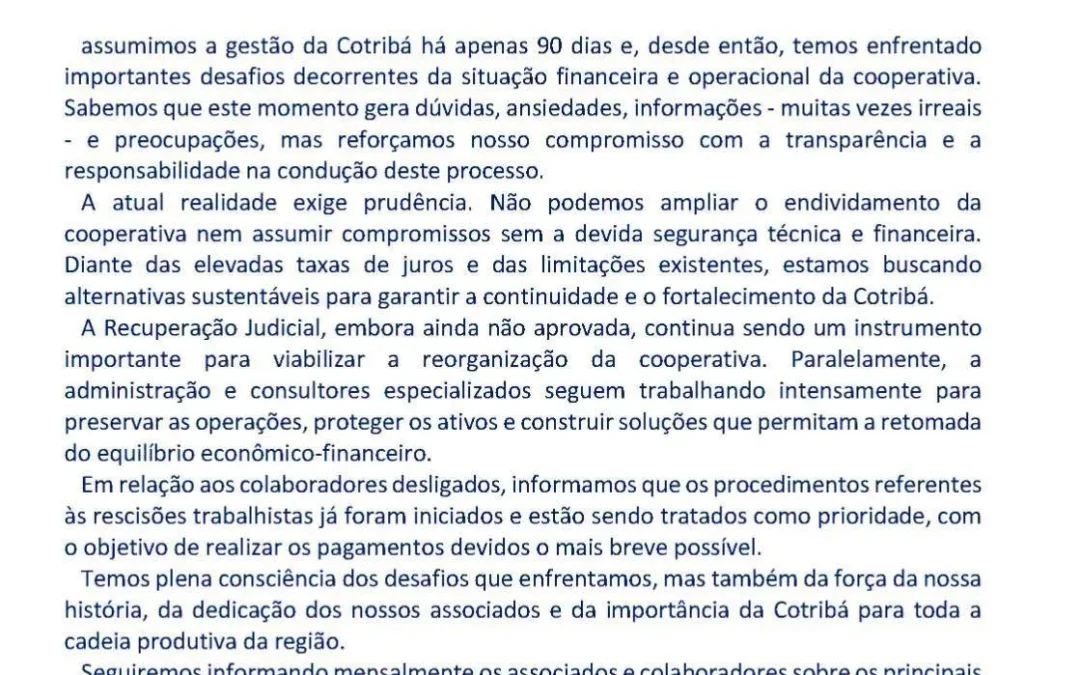 Cotribá divulga comunicado e reforça compromisso com recuperação da cooperativa