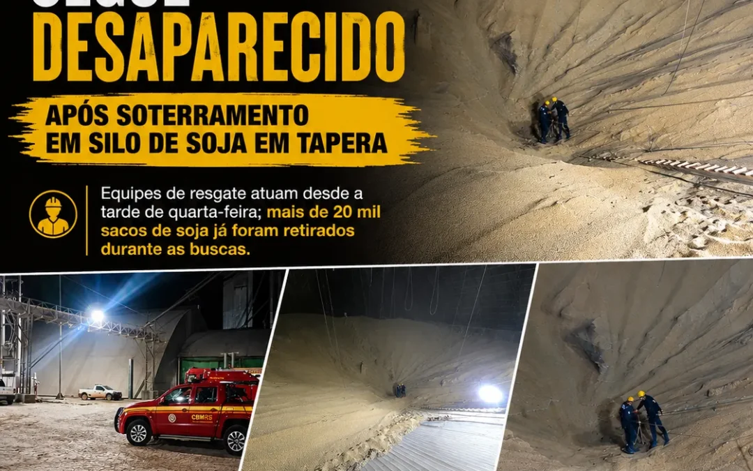 Trabalhador segue desaparecido após soterramento em silo de soja em Tapera