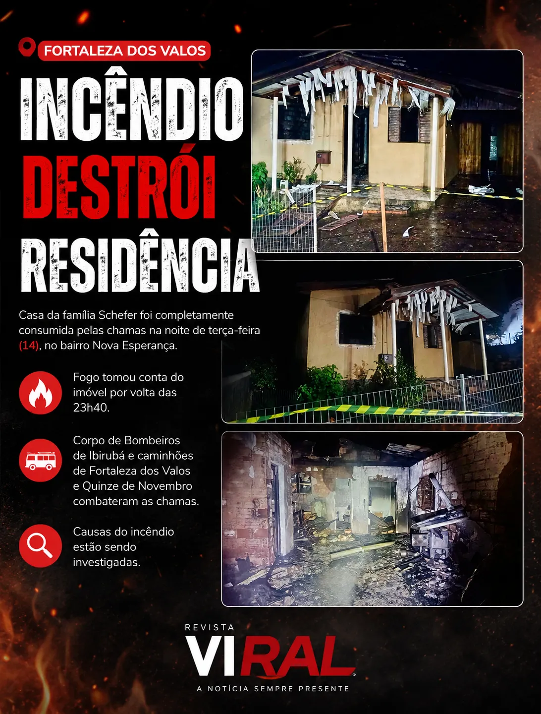 Incêndio destrói residência em Fortaleza dos Valos; causas estão sendo investigadas