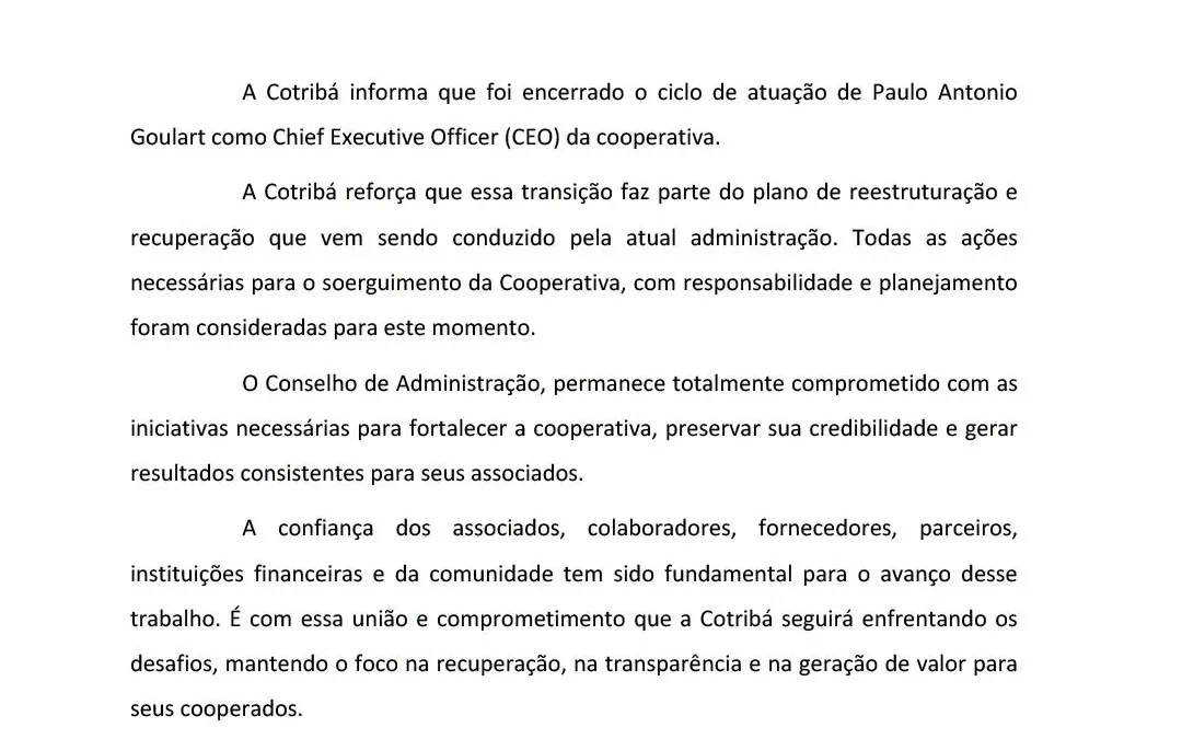 Cotribá anuncia saída do CEO Paulo Antonio Goulart e afirma que mudança integra plano de reestruturação