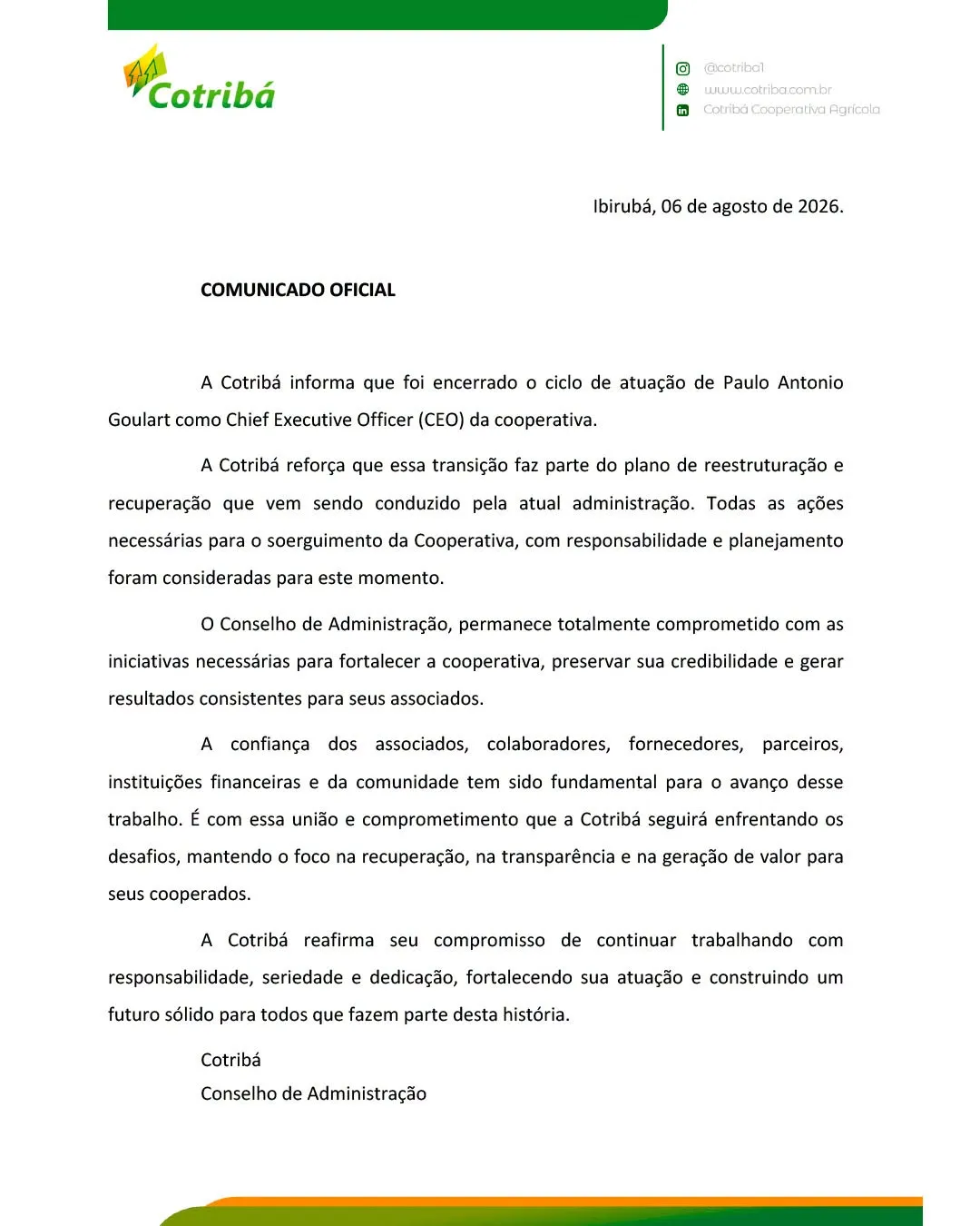 Cotribá anuncia saída do CEO Paulo Antonio Goulart e afirma que mudança integra plano de reestruturação