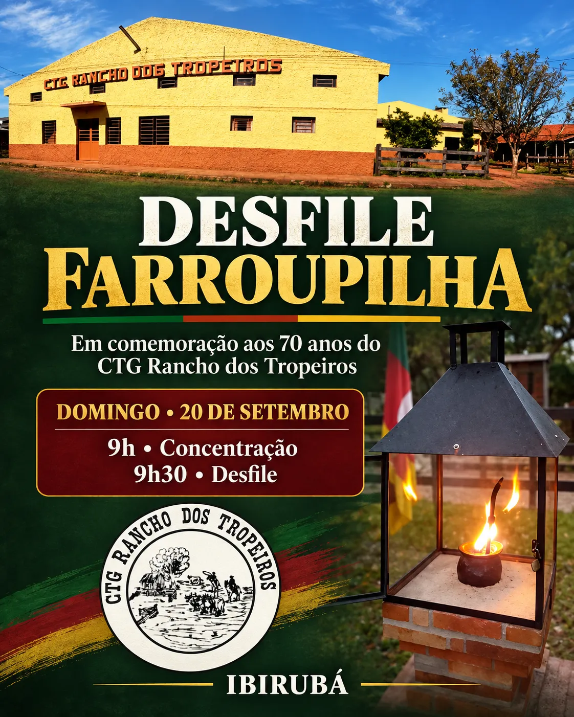 Desfile Farroupilha celebra os 70 anos do CTG Rancho dos Tropeiros neste domingo