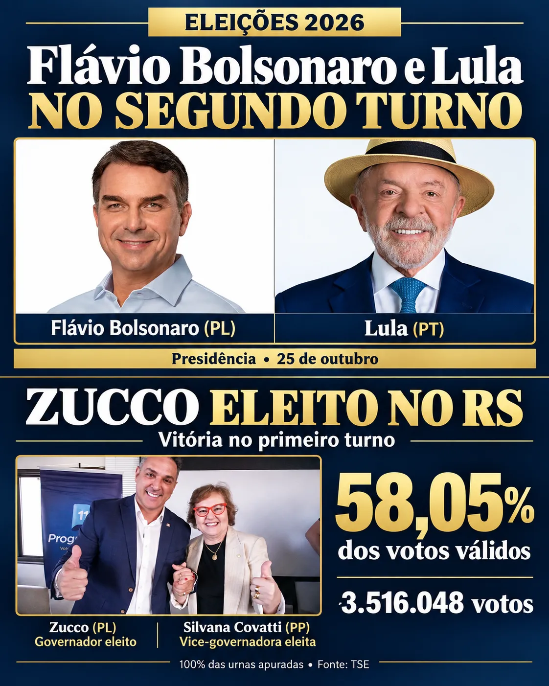 Eleições 2026: Flávio Bolsonaro e Lula vão ao segundo turno; Zucco vence no RS