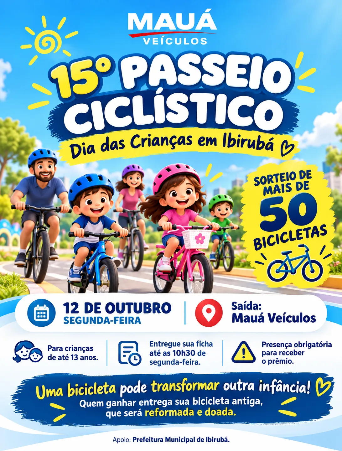 Dia das Crianças terá passeio ciclístico pela manhã e atrações na Praça General Osório em Ibirubá