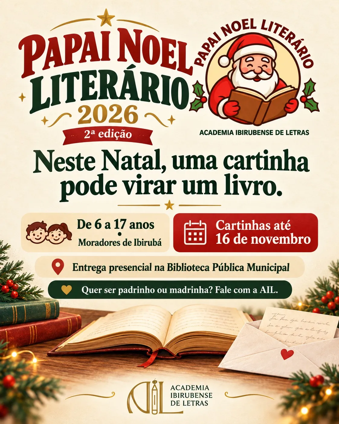Papai Noel Literário convida crianças e adolescentes de Ibirubá a pedir livros em cartinhas